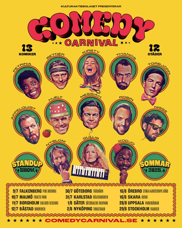 Comedy Carnival – sommarstandup med Petrina Solange, Magnus Betnér, Kirsty Armstrong, Thanos Fotas, Torbjörn Averås Skorup, Kristoffer Appelquist, Henrik Hjelt, Messiah Hallberg, Robin Paulsson, Nisse Hallberg, Henrik Nyblom, Elvira Gullberg och Kodjo Akolor.